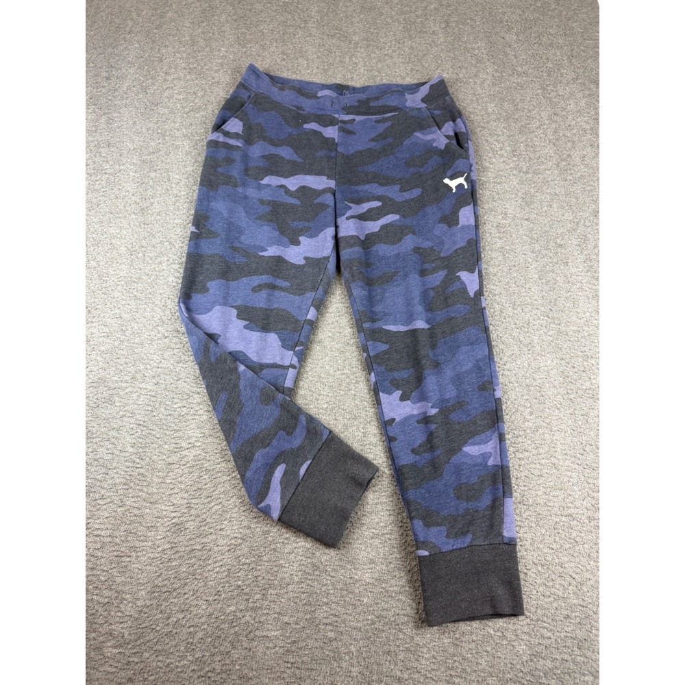 PINK Victoria's Secret Jogger Sweatpants Women's Large Blue Camo Fleece Lined